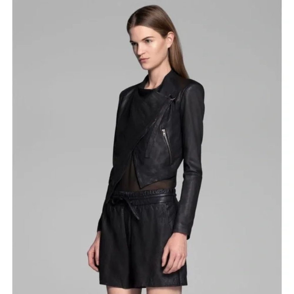 Vintage Helmut Lang lamb leather asymmetric padded shoulder crop biker jacket